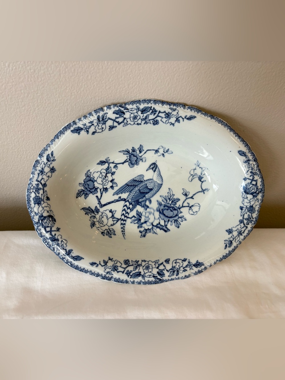 Vtg Woods Ware Mayfair Blue & White Oval Serving Bowl Bird/Floral 10”